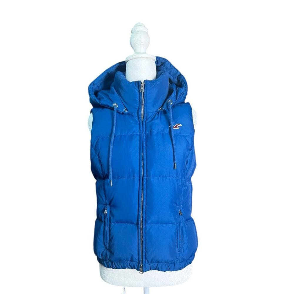 Hollister Womens Sz M Blue Hooded Puffer Vest Down Fill Y2K Snow Bunny Winter